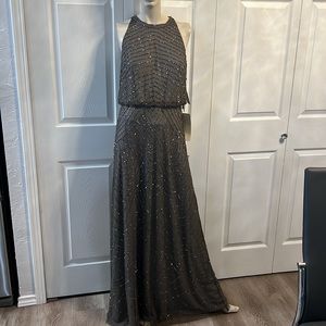 New Adrianna Papell Grey Beaded Gown Dress